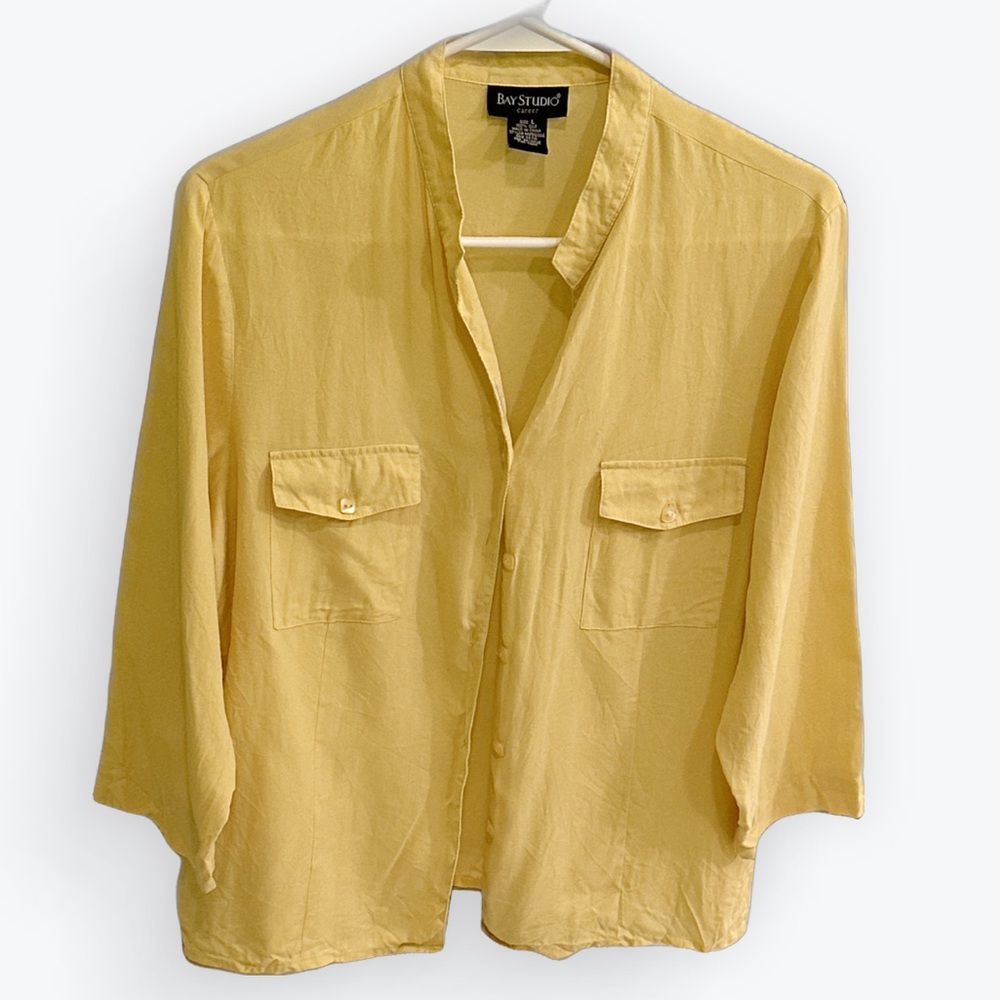 Minimalist Luxury Silk Capsule Classic Yellow Mandarin Collar Button Blouse ~ L